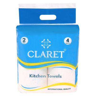 Claret Kitchen Towel Tissue Paper Roll Napkin | Soft & Highly Absorbent | 2 Ply | 60 Pulls Each Roll | Pack of 4 Roll | 60X4 Total 240 Pulls | Ideal For Cleaning Kitchen Accesssories Microwave & OTG