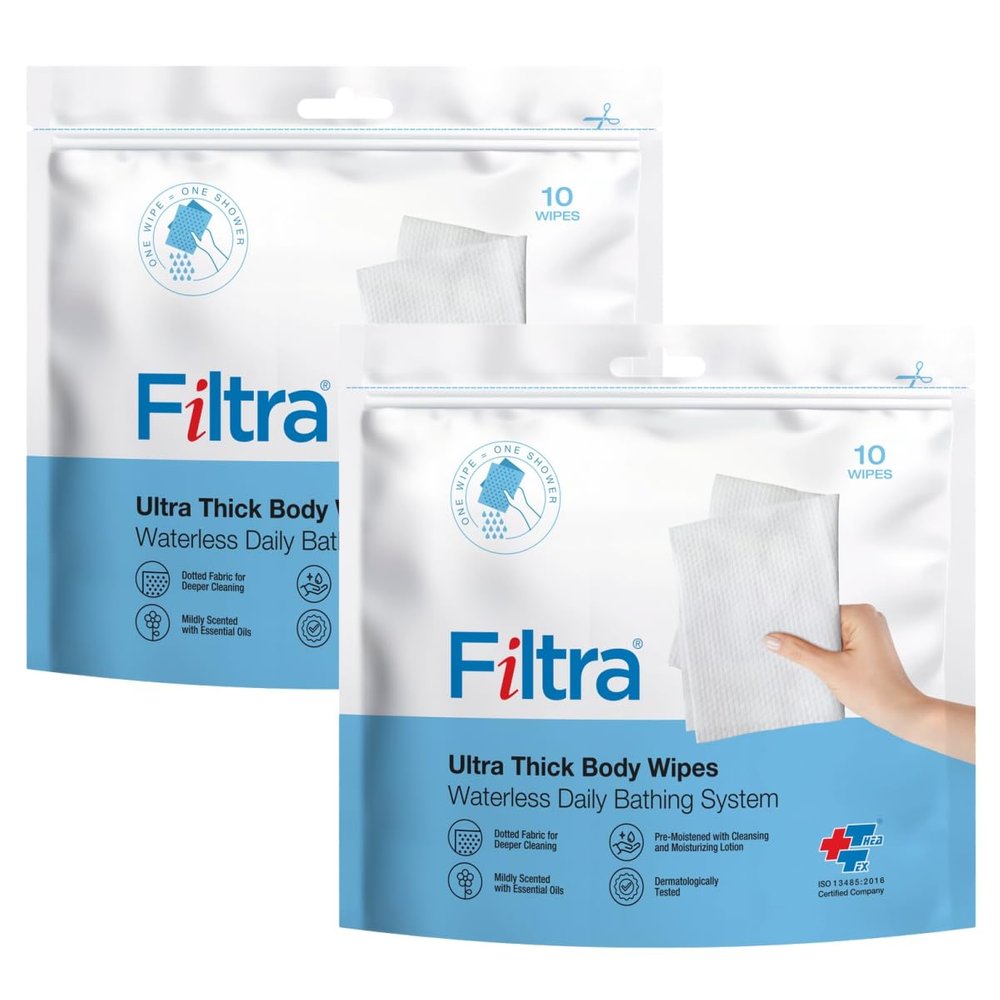 FILTRA Ultra Thick Body Wipes | Bathing Wipes | Bed Bath | Bathing Wipes Pre-Moistened | Re-Sealable Zip Lock Pouch of 10 Wipes (2 Packs = 20 Wipes)