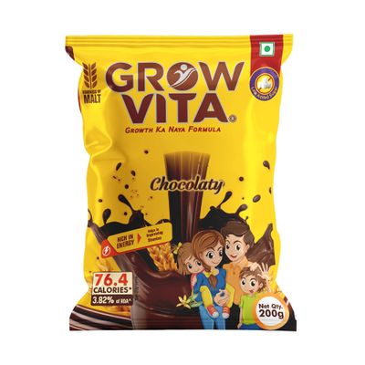 Grow Vita Growth Ka Naya Formula | Chocolate Malt Milk Drink (Less Added Sugar, 200g) | Fortified with Essential Vitamins & Minerals | Healthy Energy & Immunity Support