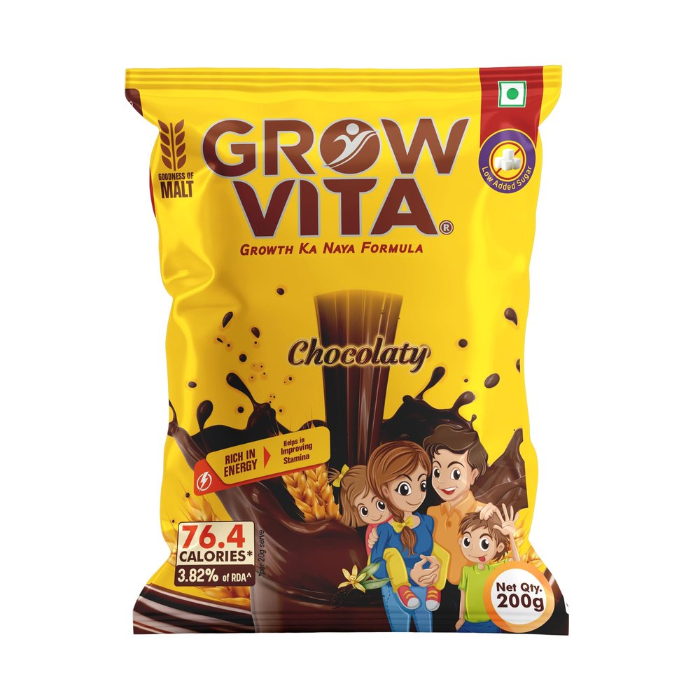 Grow Vita Growth Ka Naya Formula | Chocolate Malt Milk Drink (Less Added Sugar, 200g) | Fortified with Essential Vitamins & Minerals | Healthy Energy & Immunity Support