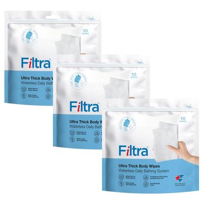 FILTRA Ultra Thick Body Wipes | Bed Bath | Bathing Wipes Pre-Moistened | Re-Sealable Zip Lock Pouch of 10 Wipes (3 Packs = 30 Wipes)