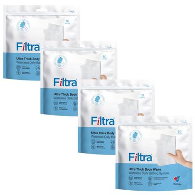 FILTRA Ultra Thick Body Wipes | Adult Wipes | Bed Bath | Bathing Wipes Pre-Moistened | Re-Sealable Zip Lock | Shower Replacement | (10 count (Pack of 4))
