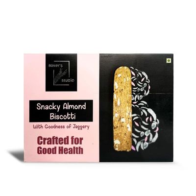 Baker's Studio Snacky Almond Biscotti 200gm- No Maida & No Sugar | Thin, Crispy Biscuits with Almonds, Jeera & Ajwain | Naturally Sweetened with Jaggery | Made with Jowari Flour | Healthy Savory Snack