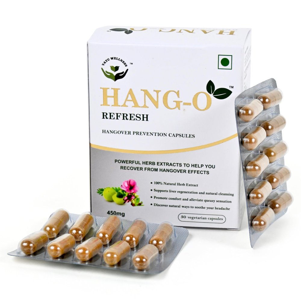 Vayu Wellness Hang-O Refresh Hangover Prevention Capsules, Natural, Safe and Effective, 30 Vegetarian Capsules, Each 450mg Capsule with Ashwagandha, Amla, Kasni & Punarnava.