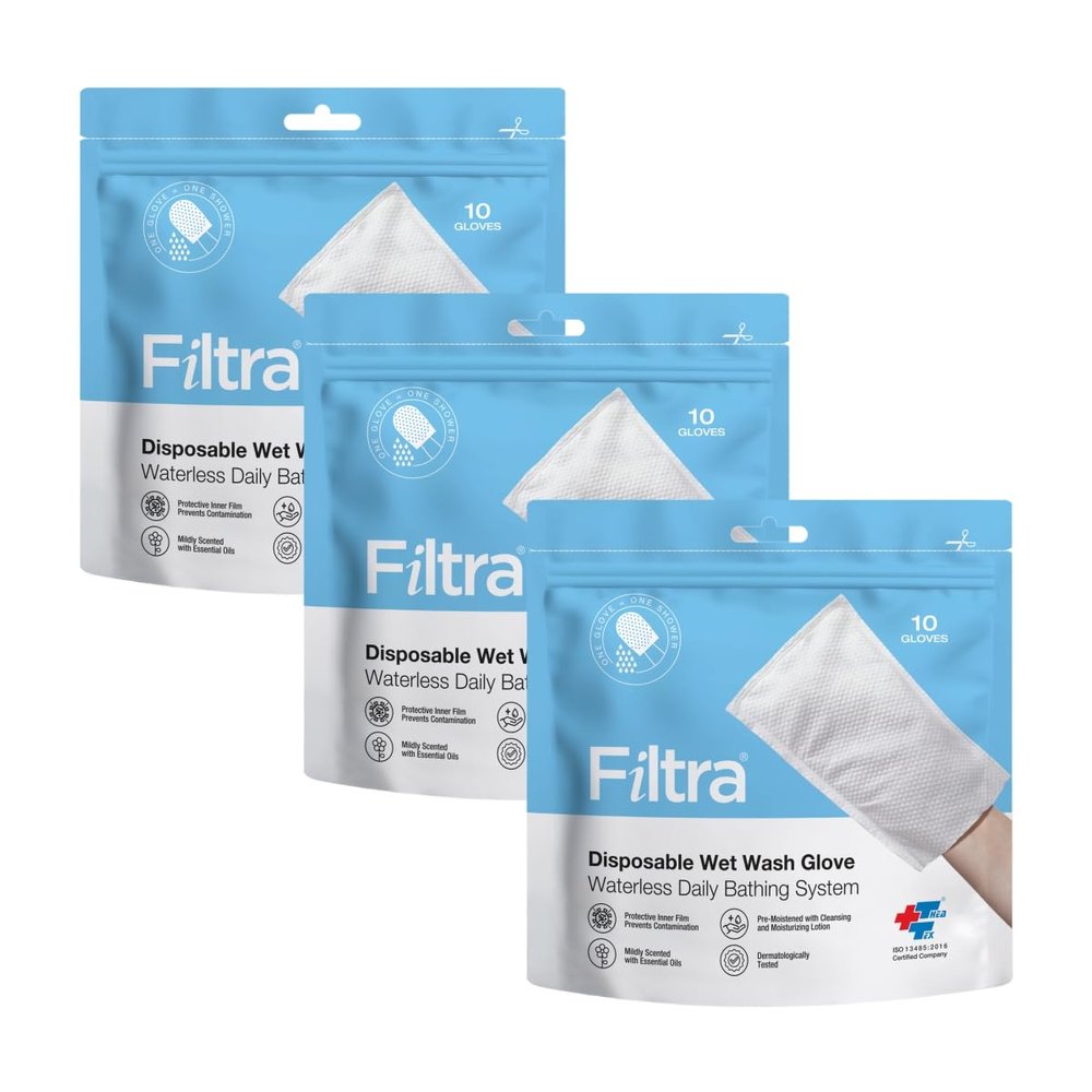 FILTRA Disposable Wet Wash Gloves | Body Wipes | Bathing Gloves | Bed Bath Wipes | Bathing Wipes Pre-Moistened | 3 x Re-Sealable Zip Lock Pouches of 10 Gloves (3 Packs of 10 Gloves)