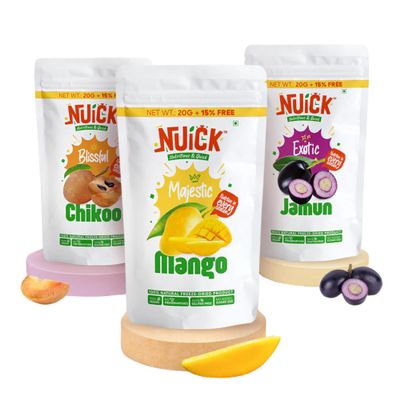 NUICK Combo of Freeze Dried Mango, Chikoo and Jamun | Pack of 3 | 100% Natural fruit, No Preservative, No Added Sugar, Not Frozen | Nutritious and Crunchy Snacks for Kids and Adults