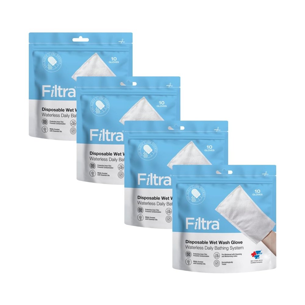 FILTRA Disposable Wet Wash Gloves | Body Wipes | Bathing Gloves | Bed Bath Wipes | Bathing Wipes Pre-Moistened | 4 x Re-Sealable Zip Lock Pouches of 10 Gloves (4 Packs of 10 Gloves)