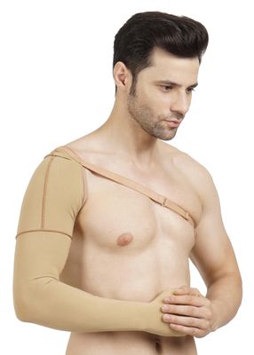 Dermapress Medical Compression Arm Sleeve with shoulder strap amd Palm | HIGH COMPRESSION | COTTON | Post Liposuction and BURN Support | Lymphedema (Beige, 5XL)
