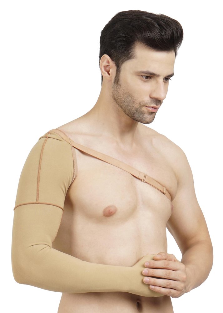 Dermapress Medical Compression Arm Sleeve with shoulder strap amd Palm | HIGH COMPRESSION | COTTON | Post Liposuction and BURN Support | Lymphedema (Beige, 5XL)