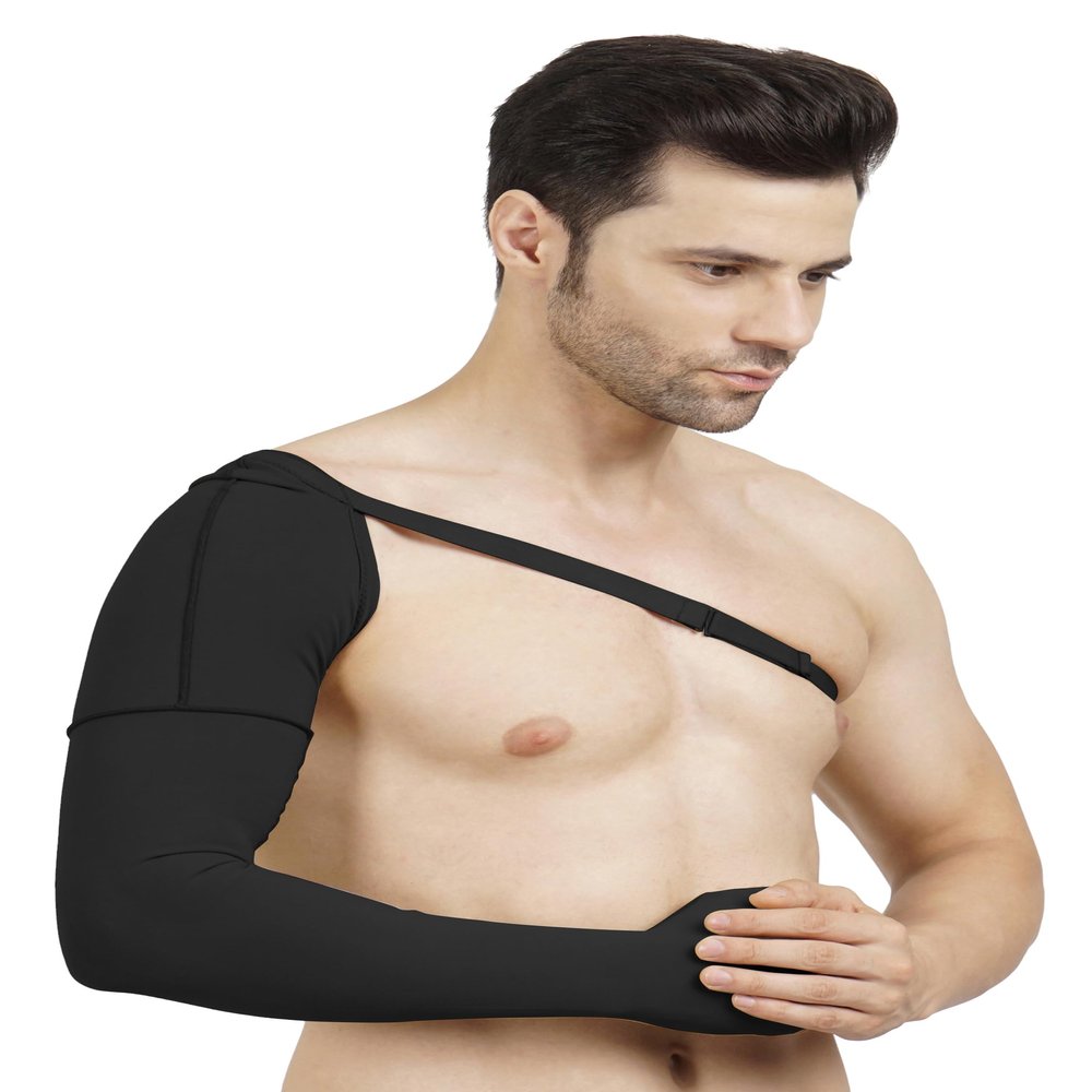Dermapress Medical Compression Arm Sleeve with shoulder strap amd Palm | HIGH COMPRESSION | COTTON | Post Liposuction and BURN Support | Lymphedema (Black, 3XL)