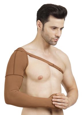 Dermapress Medical Compression Arm Sleeve with shoulder strap amd Palm | HIGH COMPRESSION | COTTON | Post Liposuction and BURN Support | Lymphedema (Brown, L)