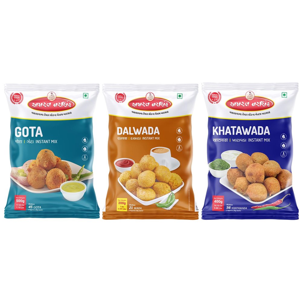 Amrat Narsih Gota (500gm), Dalwada (200gm) & Khatawada (400gm) Instant Mix Combo Pack | Monsoon Delight of Gujrat | Hot & Spicy Breakfast