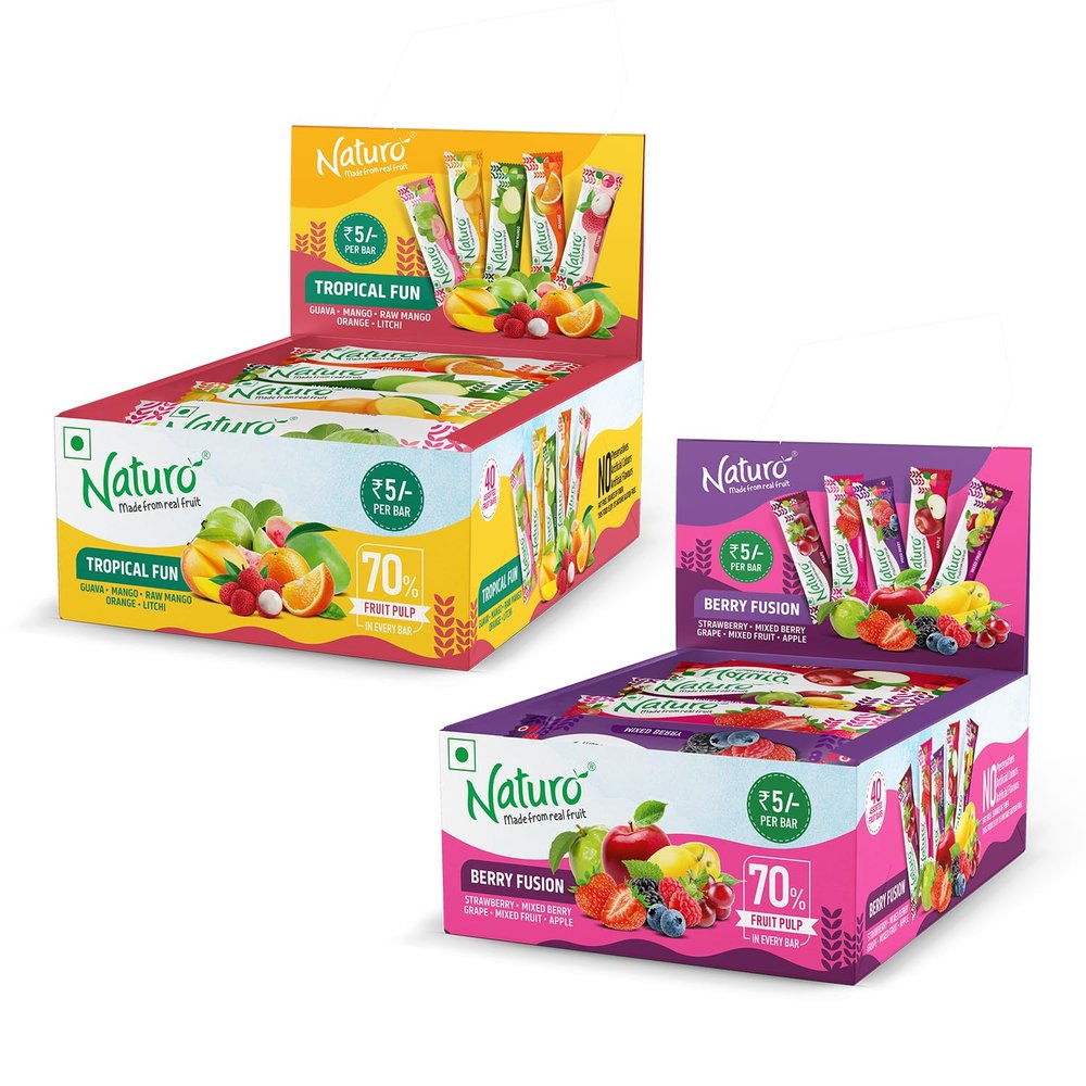 Naturo Fruit Bars Variety Pack  Tropical Fun & Berry Fusion (40 Assorted Bars, Dispenser Box) | Fruit Lovers Pack