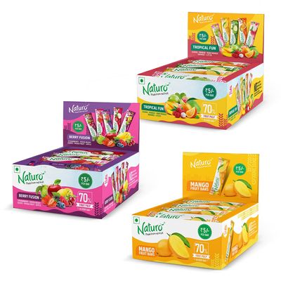 Naturo Assorted Fruit Bar Collection  120 Natural Fruit Snacks (Mango, Tropical Fun, Berry Fusion) | Fun Party Snacks in Dispenser Packs for Kids & Family Celebrations