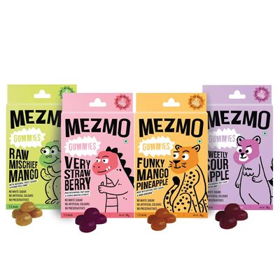 MEZMO soft jelly healthy n yummy candy with natural fruit sugar 144gms 48 jellies (Pack of 4) - Very strawberry,Raw mango,Mango Pineapple,Apple