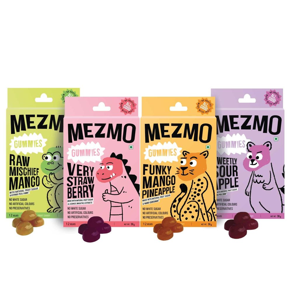 MEZMO soft jelly healthy n yummy candy with natural fruit sugar 144gms 48 jellies (Pack of 4) - Very strawberry,Raw mango,Mango Pineapple,Apple