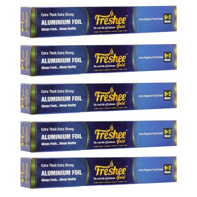Freshee Aluminium Foil Roll Paper 9m Plus 2m - Pack of 5,14 Micron Disposable Food Wrapping Paper