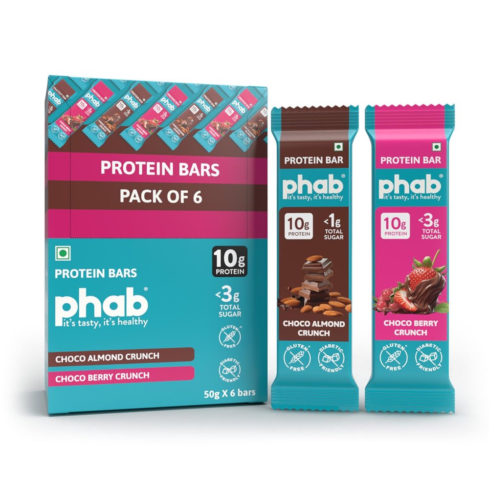 Phab 10 G Choco Crunch Protein Bars|(Pack Of 6 X 50 Gram)|14% Almonds|12% Berries (Cranberry & Strawberry)|Crunchy,Diabetic Friendly,High Fibre,Trans