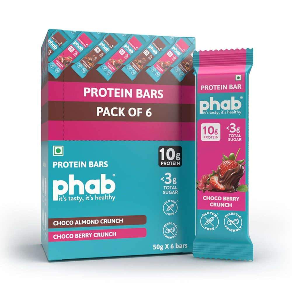 Phab 10G Choco Berry Crunch Protein Bars|(Pack Of 6 X 50 Gram)|12% Berries (Cranberry & Strawberry) |Crunchy, Diabetic Friendly, High Fibre, No Preservatives
