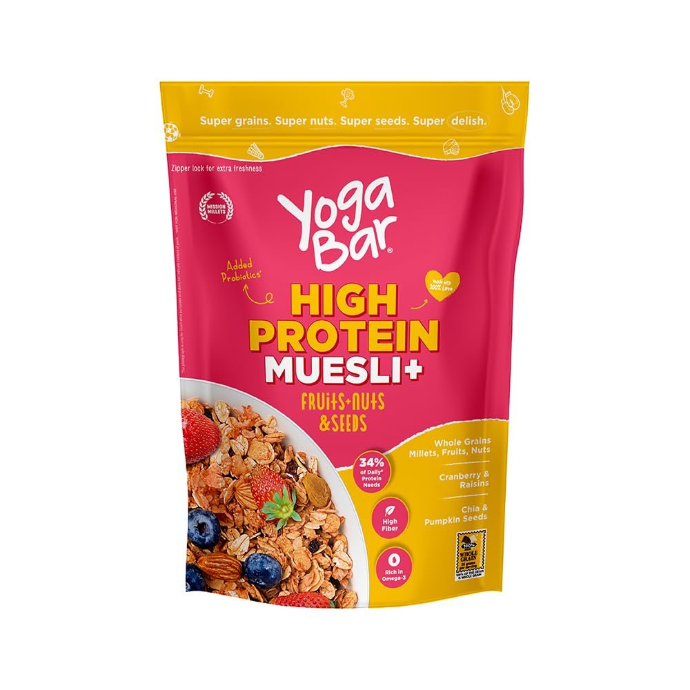 Yogabar High Protein Muesli 350gm, Fruits & Nut, 22 g Protein, with Apple, Almonds & Super Seeds, Protein Breakfast Cereals