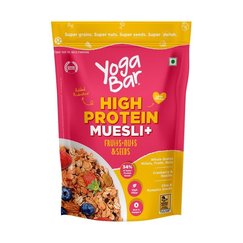 Yogabar High Protein Muesli 850Gm Fruits & Nut, 22G Protein| Packed With Apple, Almonds, & Super Seeds| Best High Protein Breakfast Cereal For Energy & Nutrition