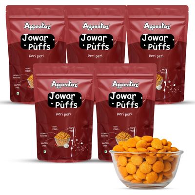 Appeatoz Jowar Puffs - Peri Peri | Roasted, Not Fried | Gluten-Free & High Protein | No Added Sugar | Healthy Baked Millet Snack for Kids & Adults | Spicy Crunchy Snack | Pack of 5
