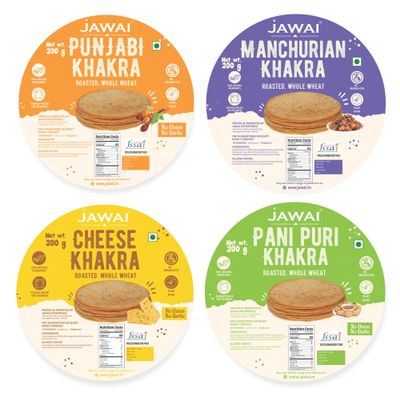 JAWAI ROASTED WHOLE WHEAT KHAKRA COMBO- Punjabi, Manchurian, Cheese, Pani puri Khakhra, Plant Based, Ready To Eat Healthy Snacks Vaccum Packed (Pack of 4-200 gms each)