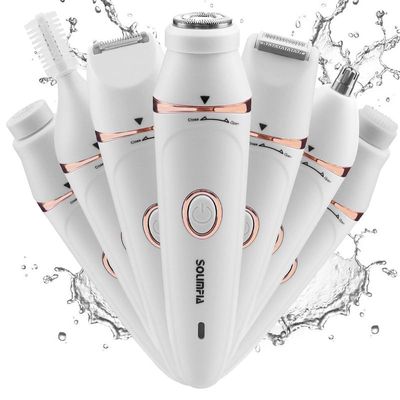 Solimpia Female HT-518 Lady Grooming Kit 7-In-1 Painless Body Shaver Facial,Eyebrow,Hair,Ear-Nose Trimmer Exfoliating Head Suitable For Face,Body,Legs,Bikini,Underarms,Arms,IPX5 Waterproof,White