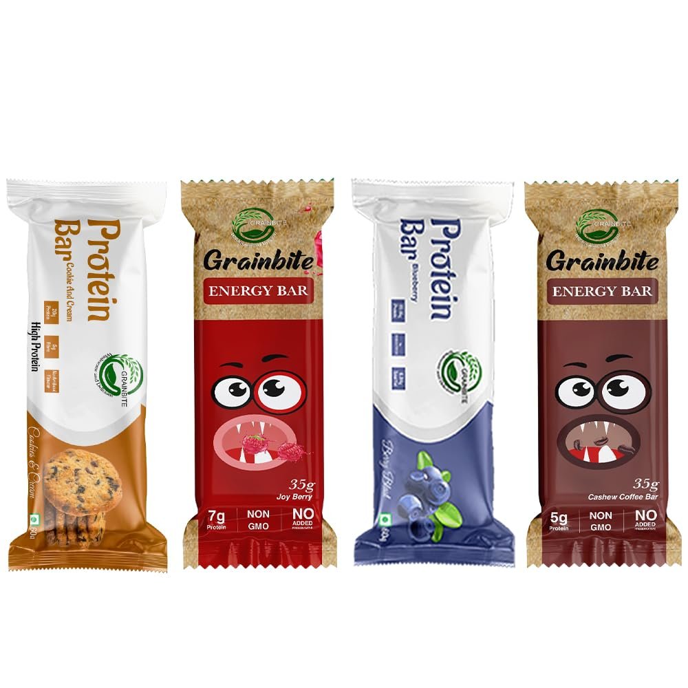 GRAINBITE Protein Bar Cookie and Cream (Pack of 2) and Energy Bar Joy Berry (Pack of 2) and Protein Bar Blueberry Blast (Pack of 2) and Energy Bar Cashew Coffee (Pack of 2) (380gm, Combo of 8)