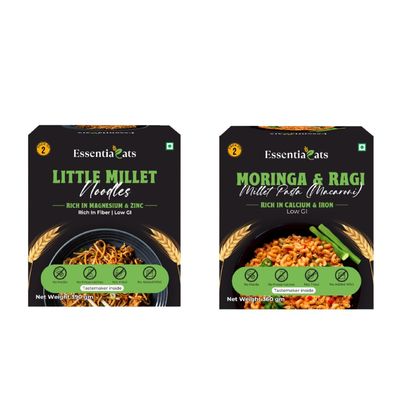 Essentiaeats Healthy Little Millet Hakka Noodles & Moringa Ragi Pasta Macaroni Combo | No Maida, Low GI, Not Fried, No Preservatives | Sun Dried | Noodles 390gm & Pasta 360 gm