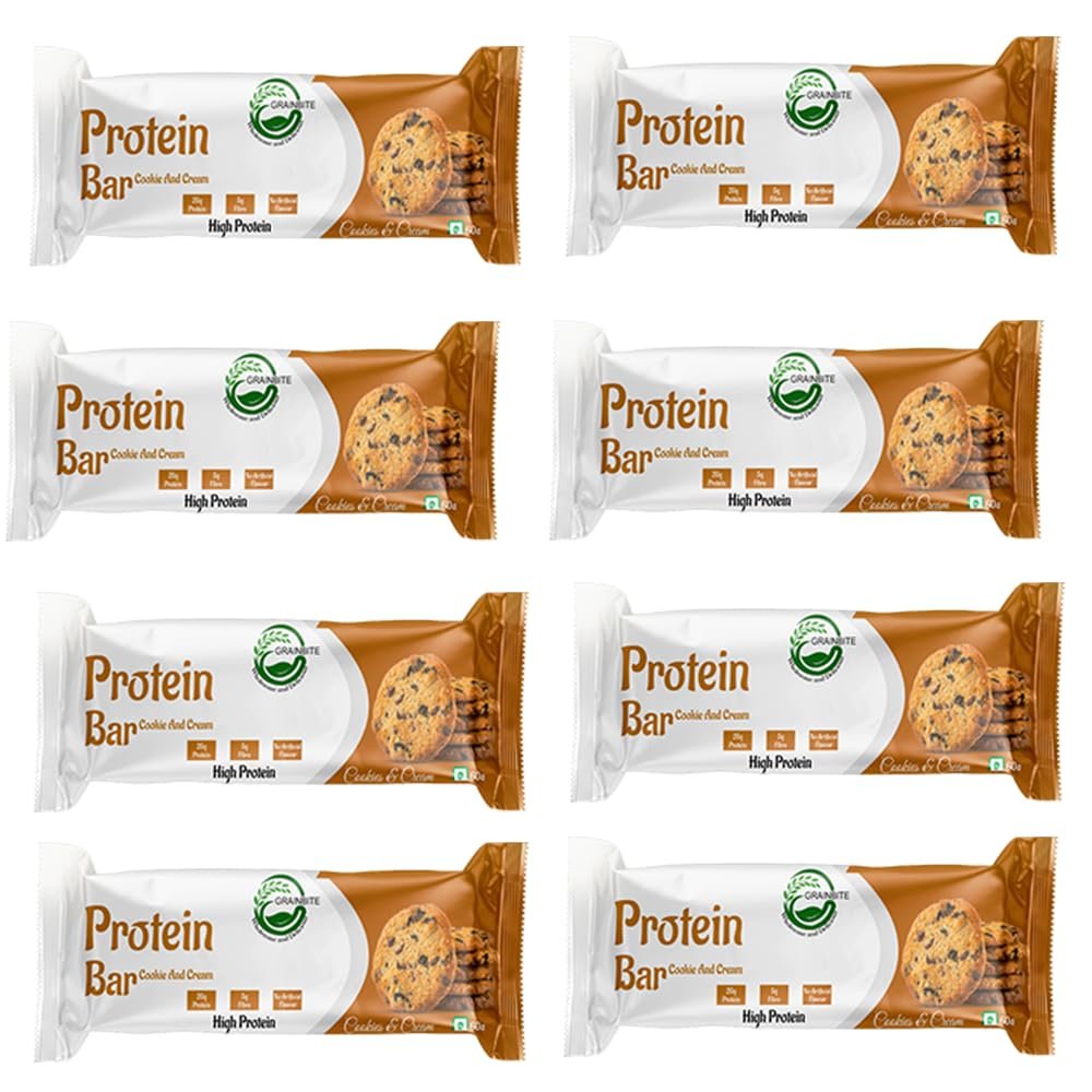 GRAINBITE Cookies & Cream High Protein Bar (60gm, Pack of 8)