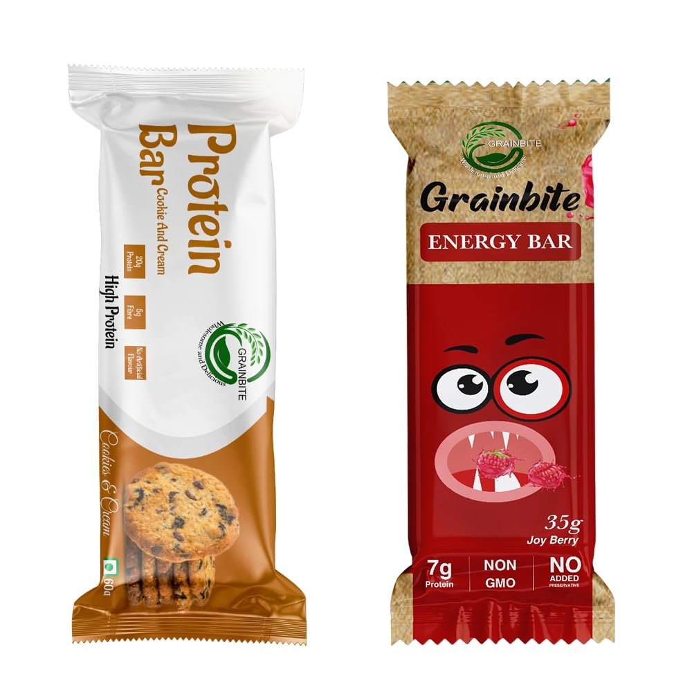 GRAINBITE Protein Bar Cookie and Cream (Pack of 1) and Energy Bar Joy Berry (Pack of 1) (95 gm, Combo of 2)