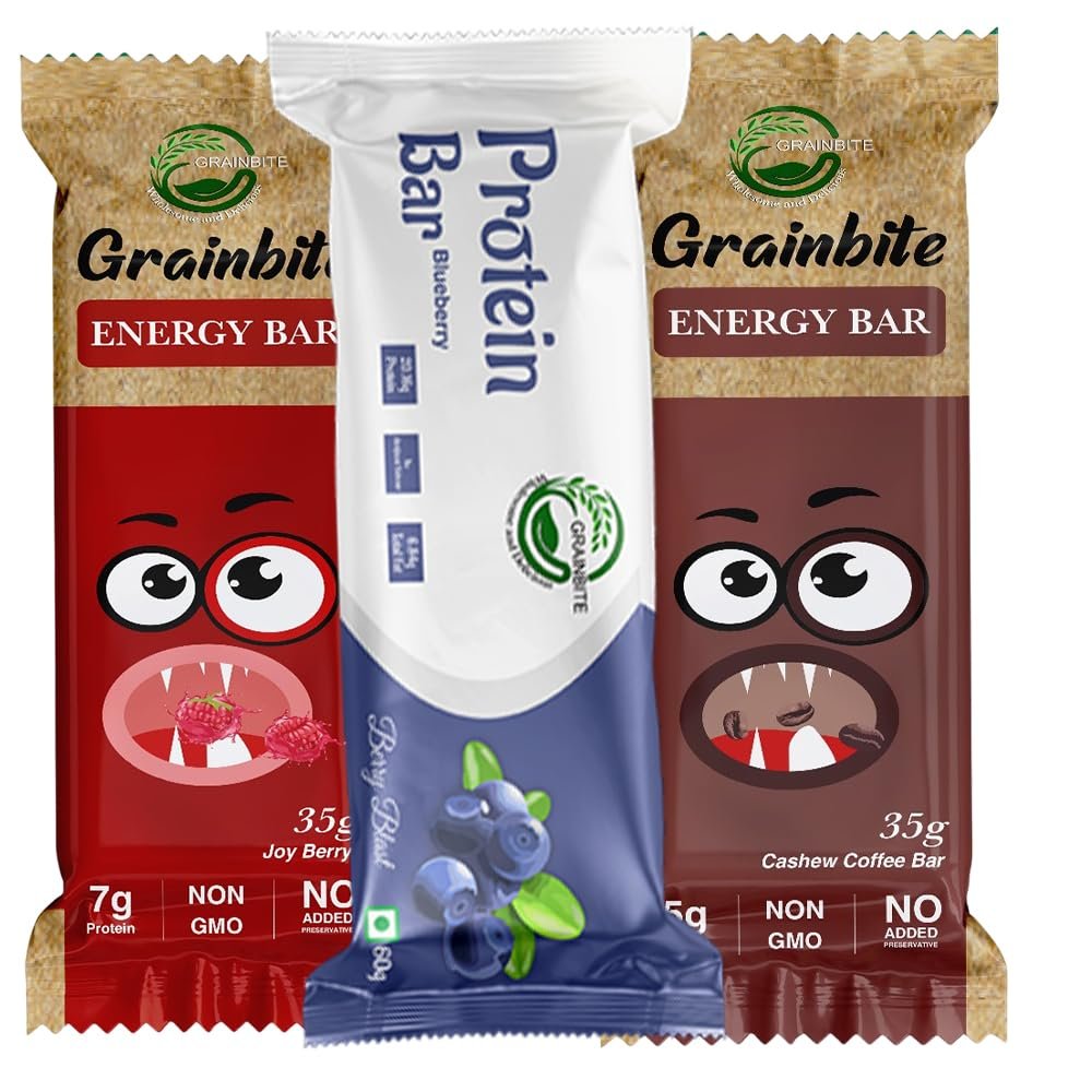GRAINBITE Energy Bar Joy Berry (Pack of 1) and Protein Bar Blueberry Blast (Pack of 1) and Energy Bar Cashew Coffee (Pack of 1) (130 gm, Combo of 3)