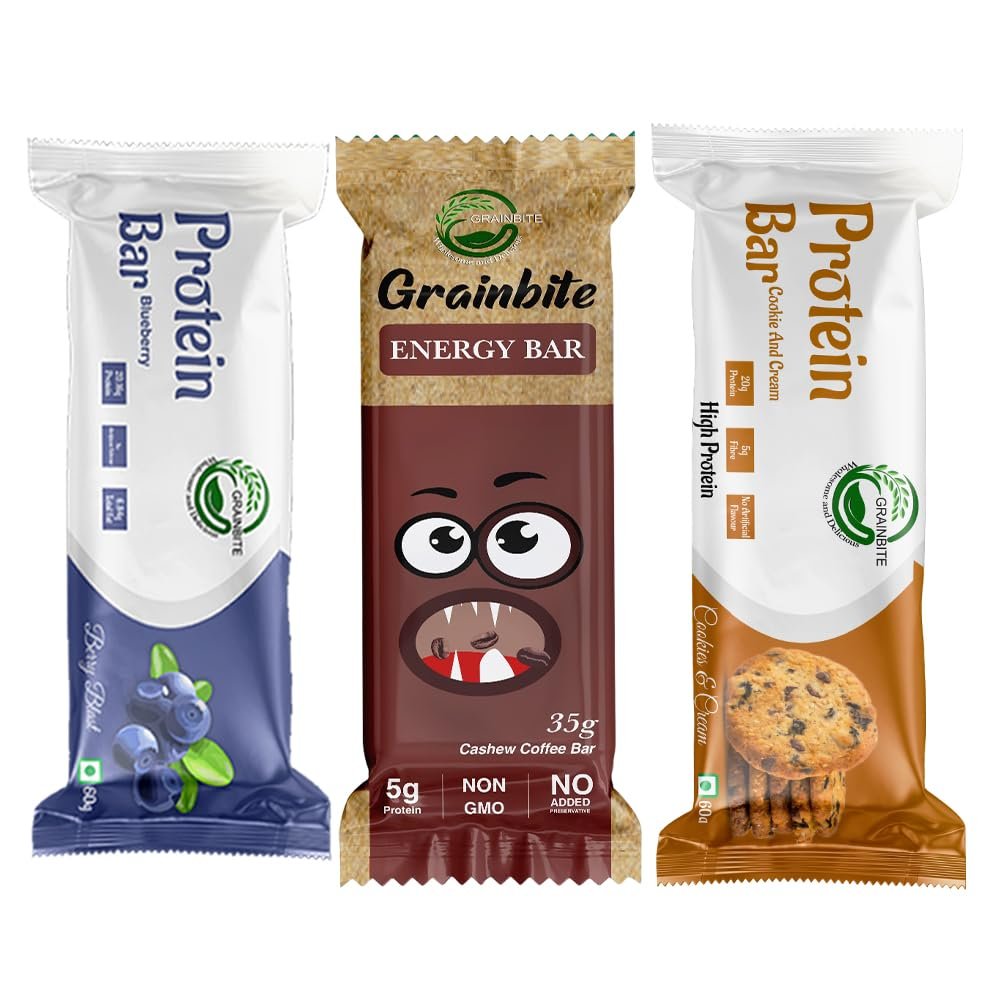 GRAINBITE Protein Bar Blueberry Blast (Pack of 1) and Energy Bar Cashew Coffee (Pack of 1) and Protein Bar Cookie and Cream (Pack of 1) and Energy Bar Joy Berry (Pack of 1) (190gm, Combo of 4)