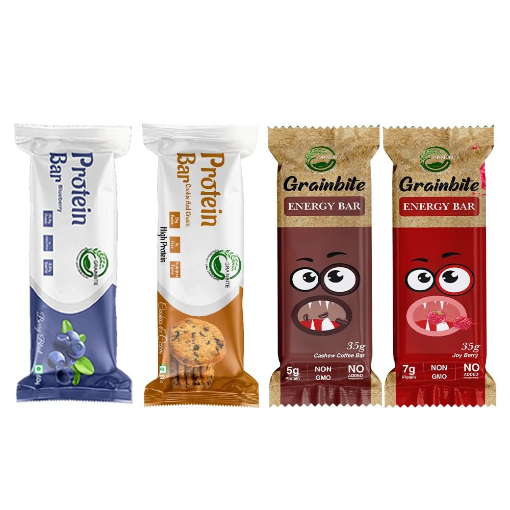 GRAINBITE Protein Bar Blueberry Blast (Pack of 3) and Protein Bar Cookie and Cream (Pack of 3) and Energy Bar Cashew Coffee (Pack of 2) and Energy Bar Joy Berry (Pack of 2) (500gm, Combo of 10)