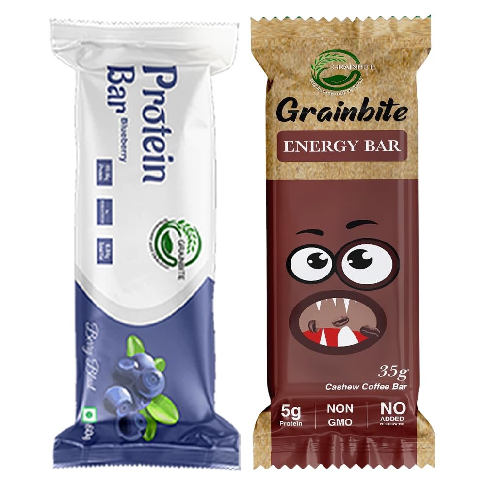 GRAINBITE Protein Bar Blueberry Blast (Pack of 4) and Energy Bar Cashew Coffee (Pack of 4) (380gm, Combo of 8)