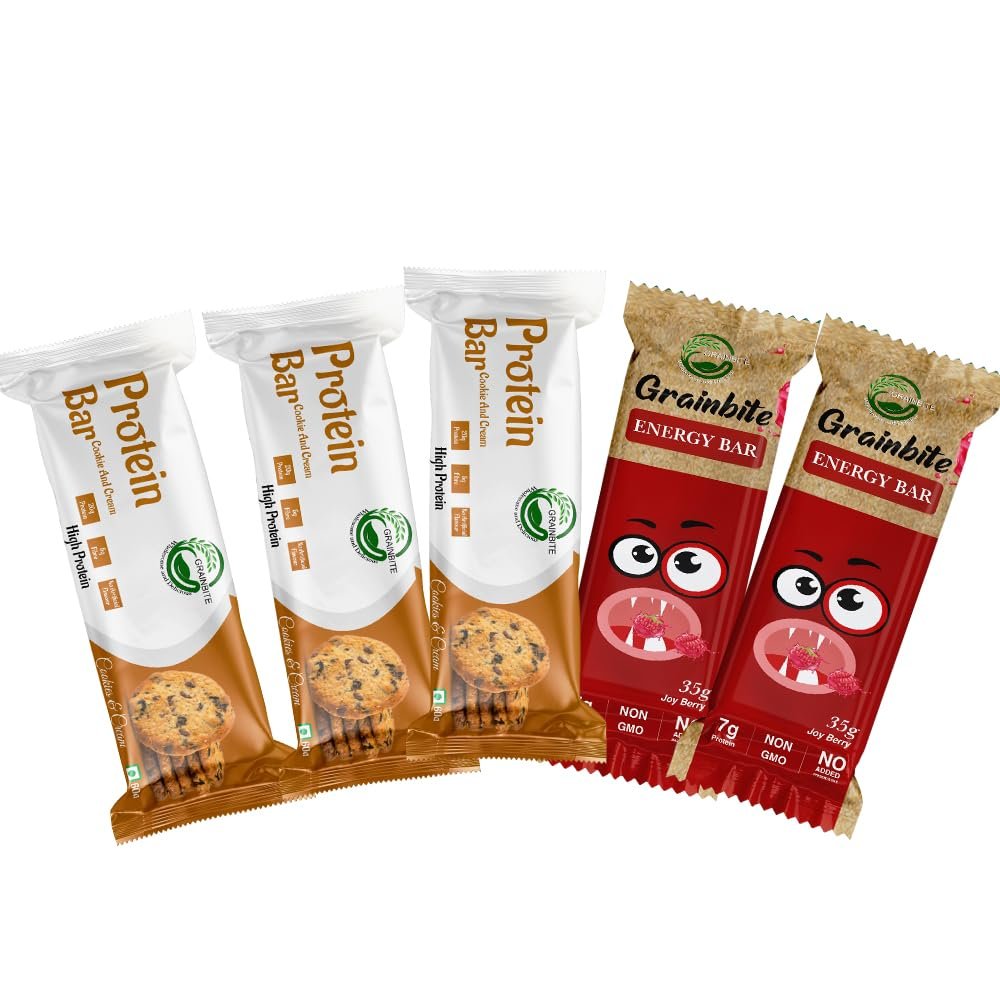 GRAINBITE Protein Bar Cookie and Cream (Pack of 3) and Energy Bar Joy Berry (Pack of 2) (250gm, Combo of 5)