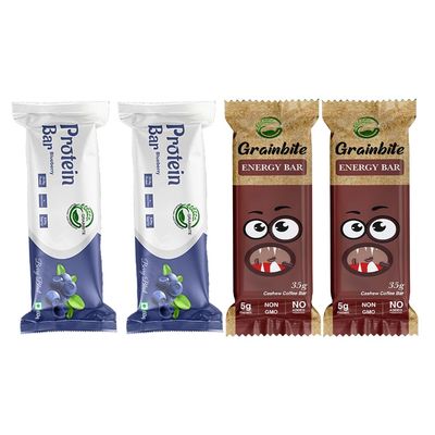 GRAINBITE Protein Bar Blueberry Blast (Pack of 2) and Energy Bar Cashew Coffee (Pack of 2) (190gm, Combo of 4)