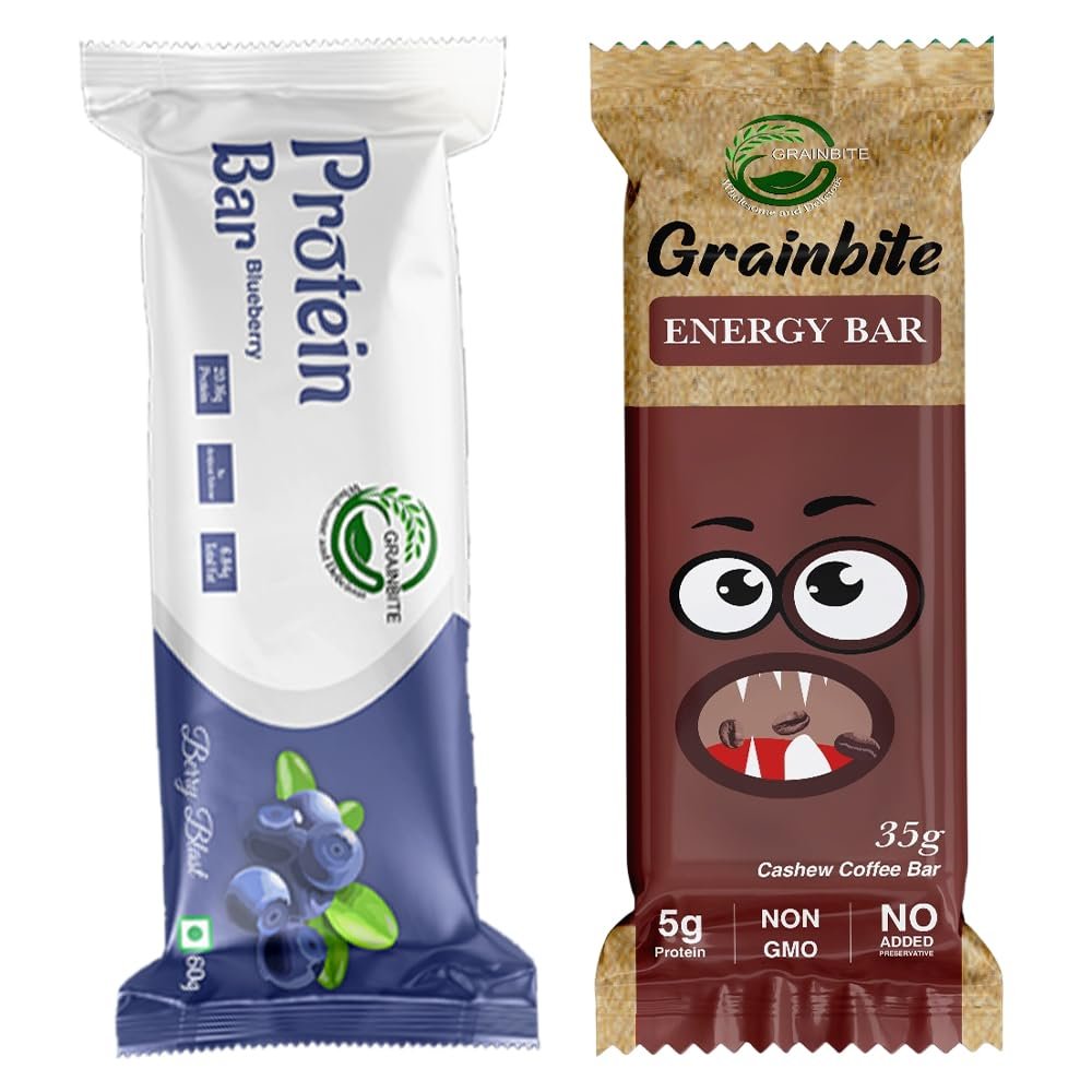 GRAINBITE Protein Bar Blueberry Blast (Pack of 1) and Energy Bar Cashew Coffee (Pack of 1) (95 gm, Combo of 2)
