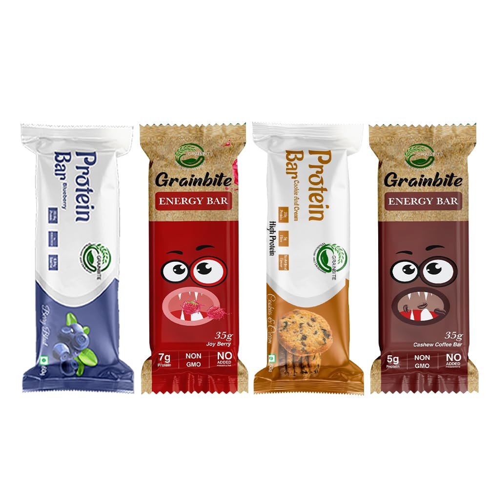 GRAINBITE Protein Bar Blueberry Blast (Pack of 2) and Energy Bar Cashew Coffee (Pack of 2) and Protein Bar Cookie and Cream (Pack of 2) and Energy Bar Joy Berry (Pack of 2) (380gm, Combo of 8)