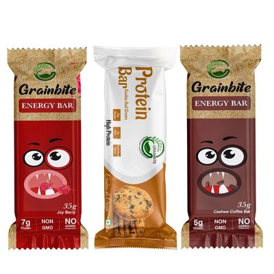 GRAINBITE Energy Bar Joy Berry (Pack of 1) and Protein Bar Cookie and Cream (Pack of 1) and Energy Bar Cashew Coffee (Pack of 2) (165gm, Combo of 4)