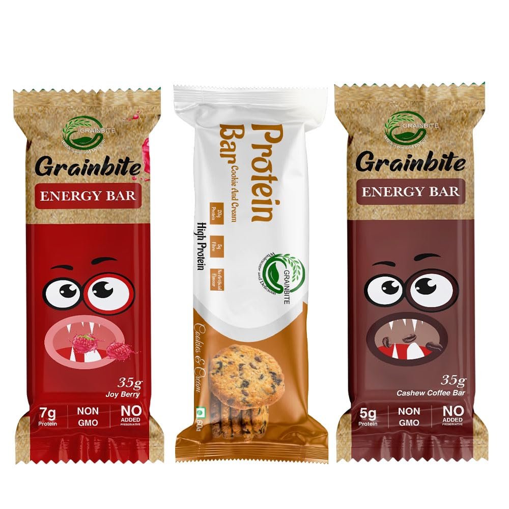 GRAINBITE Energy Bar Joy Berry (Pack of 1) and Protein Bar Cookie and Cream (Pack of 1) and Energy Bar Cashew Coffee (Pack of 2) (165gm, Combo of 4)