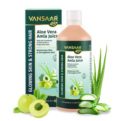 Vansaar 45+ Aloe Vera Amla Juice, 1L | Wild Amla & Pulpy Aloe Vera Harvested in 24 Hours | For Hair Growth, Skin Glow & Detoxification