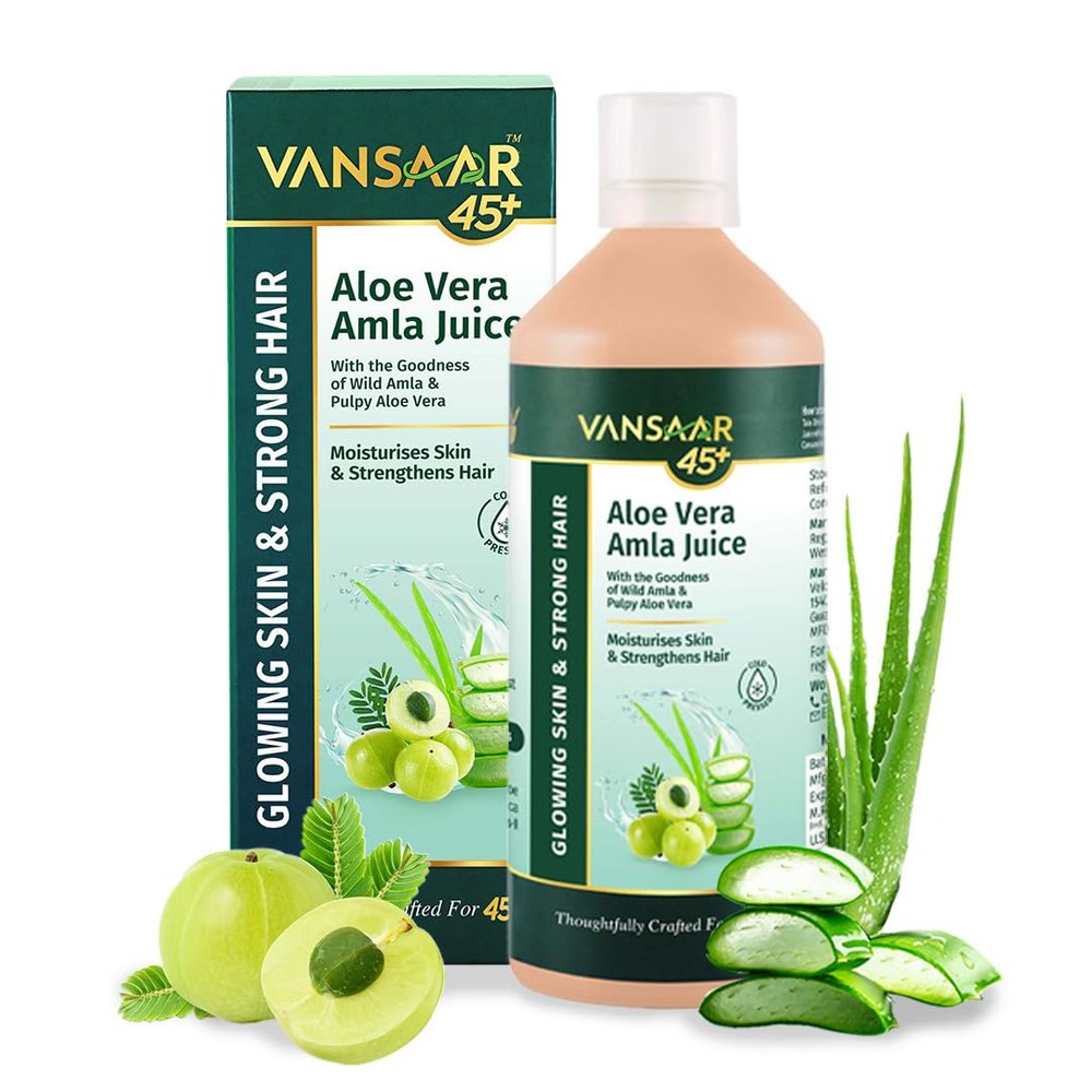 Vansaar 45+ Aloe Vera Amla Juice, 1L | Wild Amla & Pulpy Aloe Vera Harvested in 24 Hours | For Hair Growth, Skin Glow & Detoxification