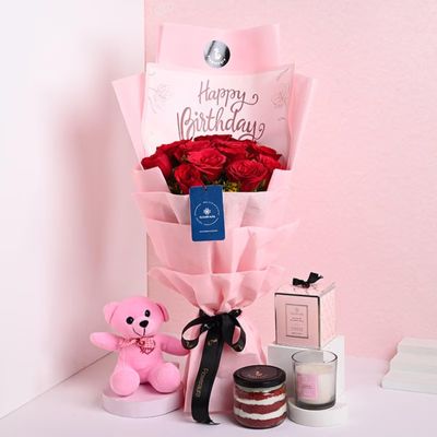 FlowerAura Premium Combo of Fresh Live 12 Red Roses Flower Bouquet With Delicious Jar Cake & Cute Teddy For Birthday | Anniversary | Valentine's Day | New Year | Christmas (Same Day Delivery)