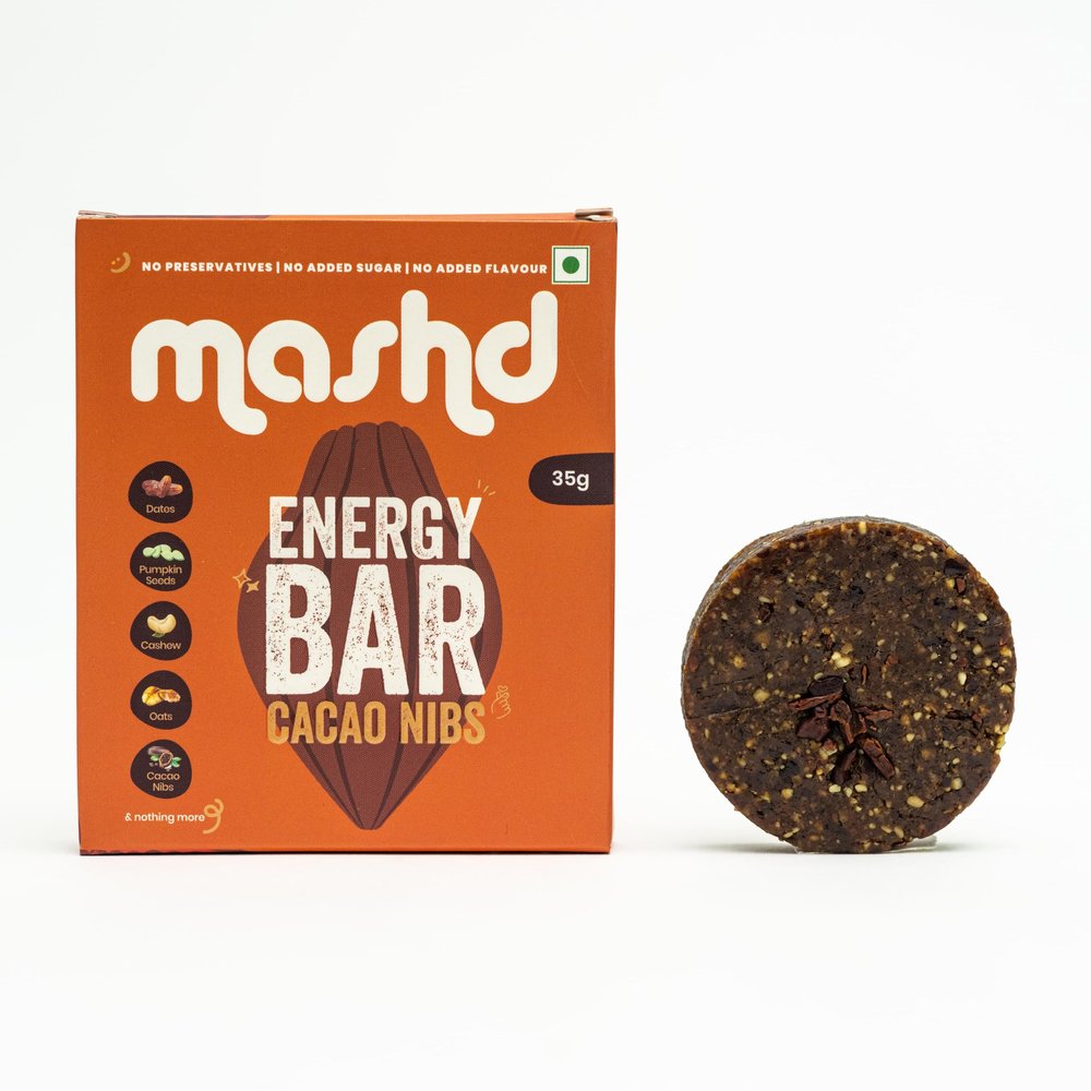 Mashd - Energy Bars - Cacao Nibs | Pack of 6 x 35g | 6 x Cacao Nibs | No added sugar | No added preservative | No added flavour | Healthy Wholesome Natural Snack