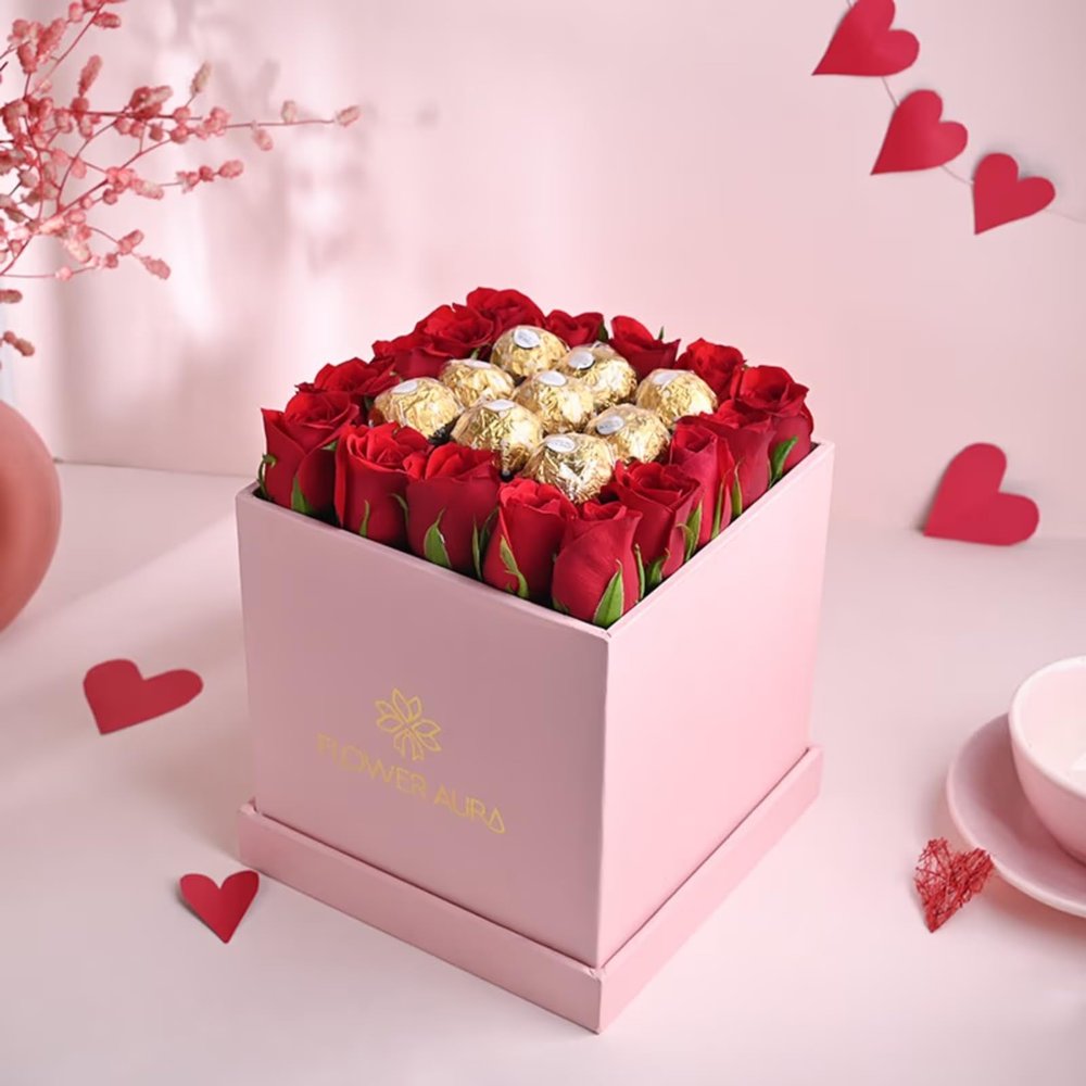 FlowerAura Premium Combo of Fresh Live 15 Red Roses & 9 Choco Balls In Box Gift For Birthday | Anniversary | Love | Girlfriend's Day | Mothers Day Gift For Mom (Same Day Delivery)