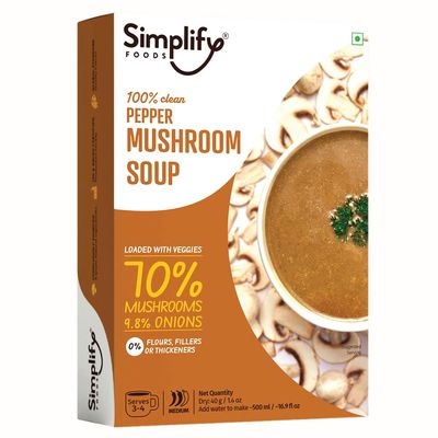 Simplify Foods Pepper Mushroom Instant Soup | Made with 70% Real Mushroom | Pack of 1 (Makes 500ml) | Just Add Hot Water | No Cooking Required | Clean Label | 0% Additives or Preservatives