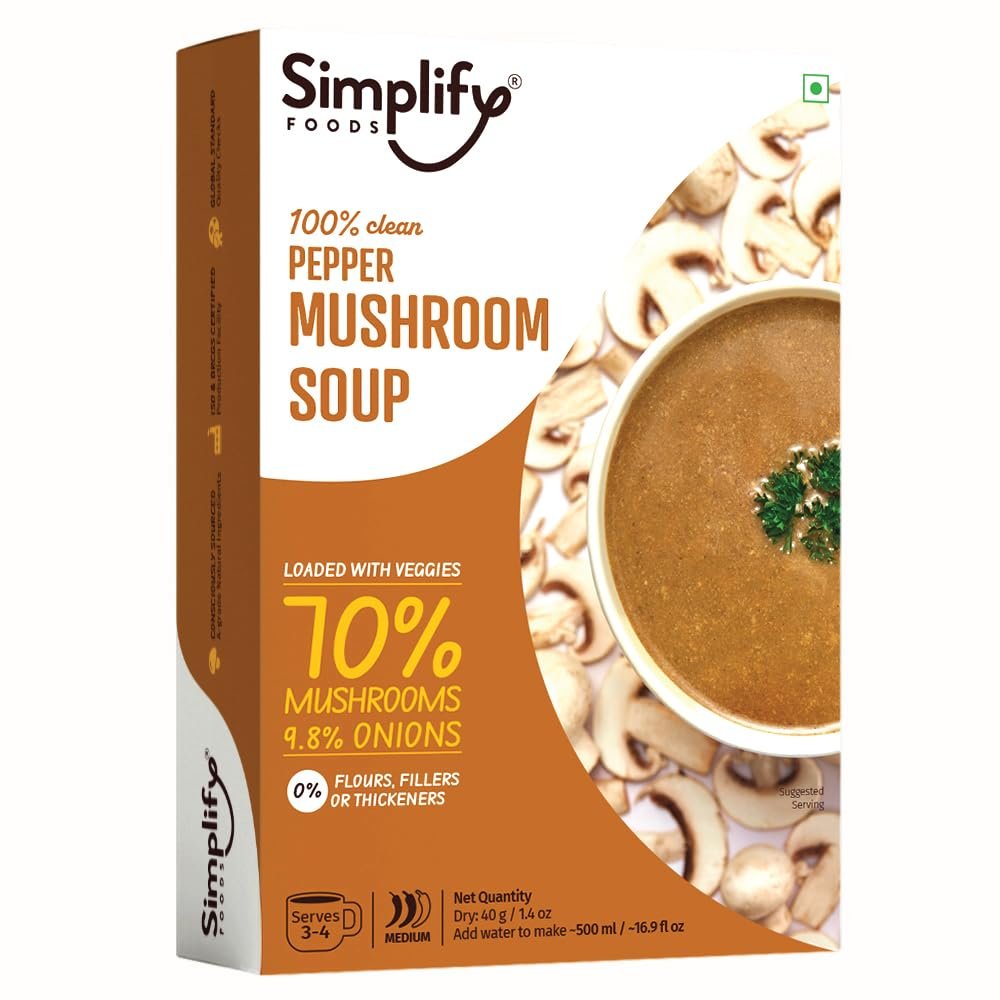 Simplify Foods Pepper Mushroom Instant Soup | Made with 70% Real Mushroom | Pack of 1 (Makes 500ml) | Just Add Hot Water | No Cooking Required | Clean Label | 0% Additives or Preservatives