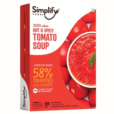 Simplify Foods Hot & Spicy Tomato Instant Soup | Made with 58% Real Tomato | Pack of 1 (Makes 500ml) | Just Add Hot Water | No Cooking Required | Clean Label | 0% Additives or Preservatives